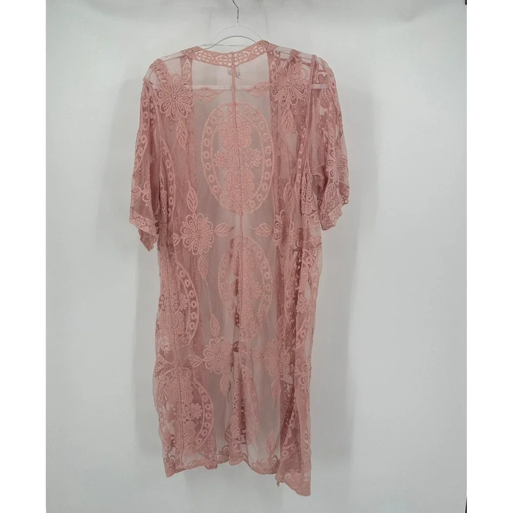 Womens Boho Coquette Sheer Lace Kimono Size S/M Romantic Ethereal Fairy Pink